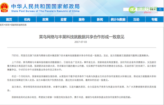 邮政局称，菜鸟与顺丰就数据共享合作达成一致意见-数据分析网